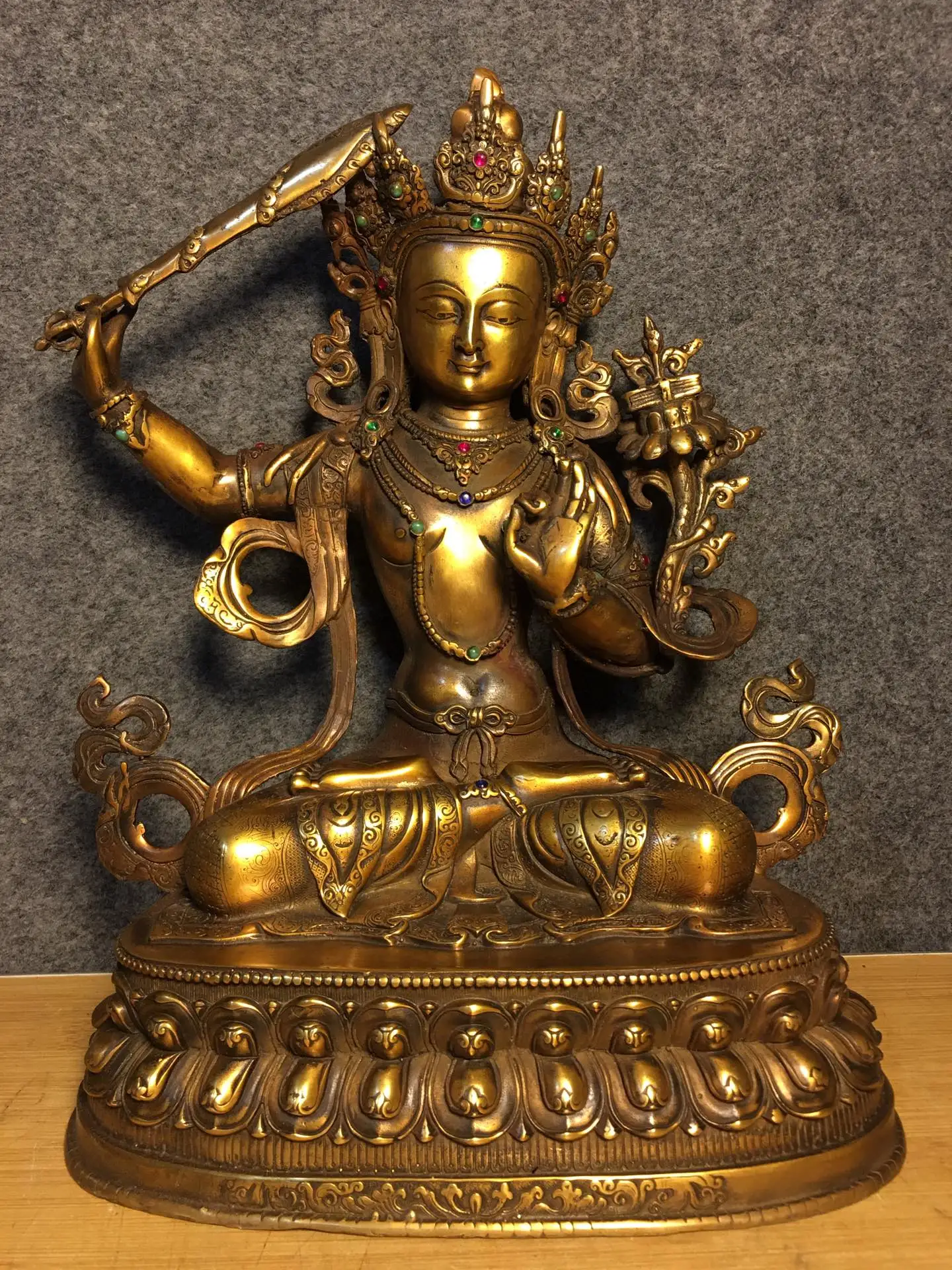 

13" Tibetan Temple Collection Old Bronze mosaic Gem Manjushri Guanyin with sword lotus platform worship buddha Town house