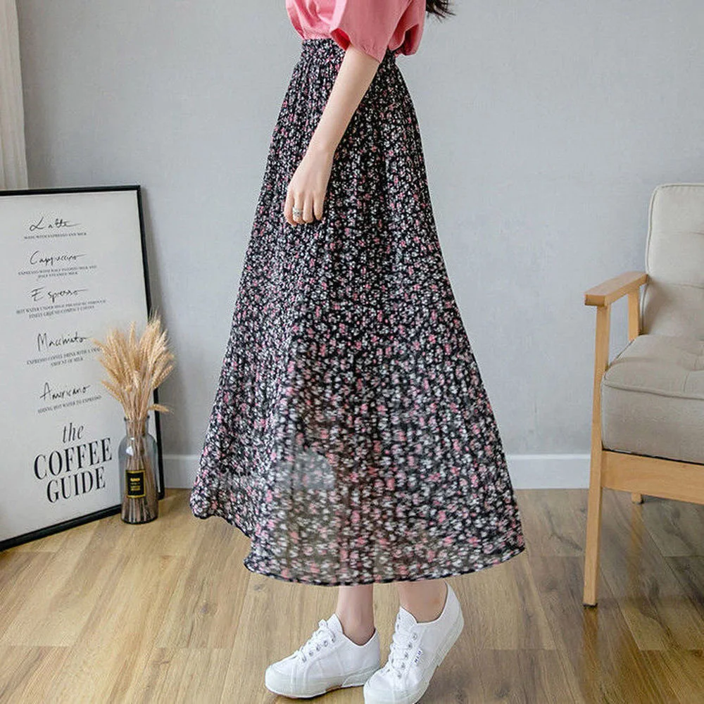 

Elegant Chiffon Boho Vintage Bohemian Print Ruffles Skirt 2022 Korean Style High Waist Sweet Temperament A-line Midi Skirts