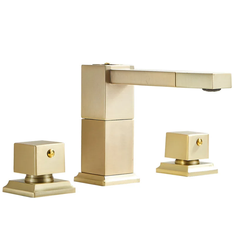

Brushed Gold 3 Holes Bathroom Tap Rotate Spout Spray Square Wash Basin Faucet