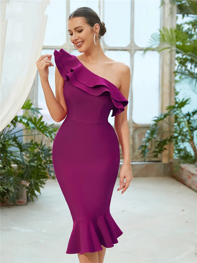 

New Fashion Ruffles Trumpet Dress Diagonal Collar Sleeveless Bandage Outfits Sexy Backless Bodycon Summer Elegant Dress Women