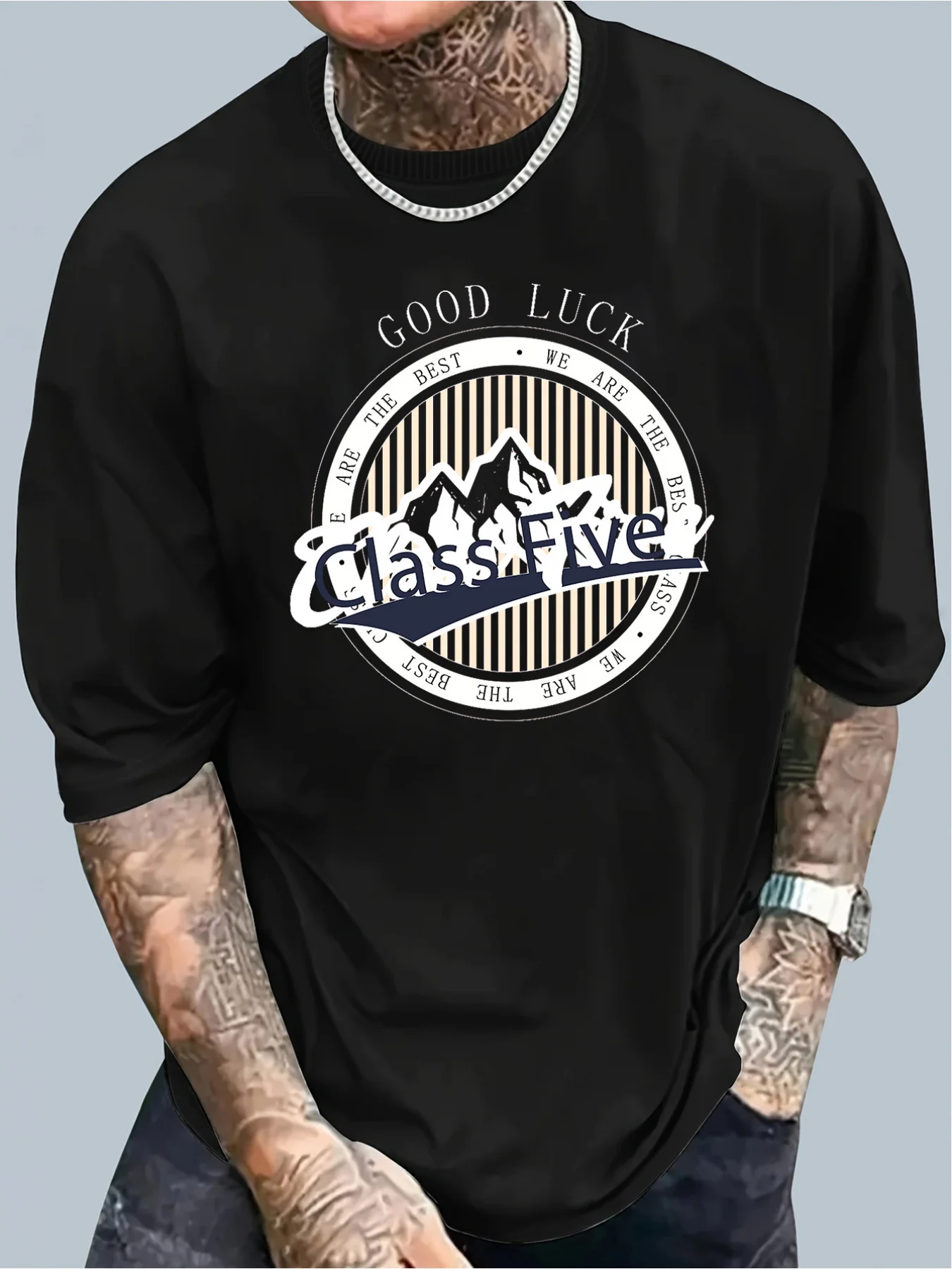 Good Luck Letter And Mountain Print Мужская футболка хлопковая Повседневная летняя с круглым