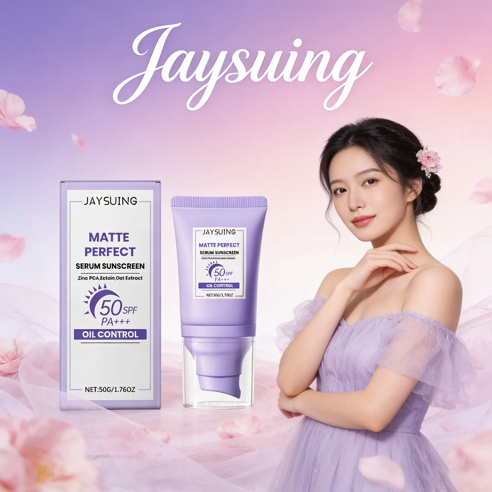Фото Солнцезащитный крем для лица Jaysuing SPF50+ с контролем жирности, освежающий, увлажняющий, с защитой от УФ-излучения, осветляющий, восстанавливающий и ухаживающий за кожей №1
