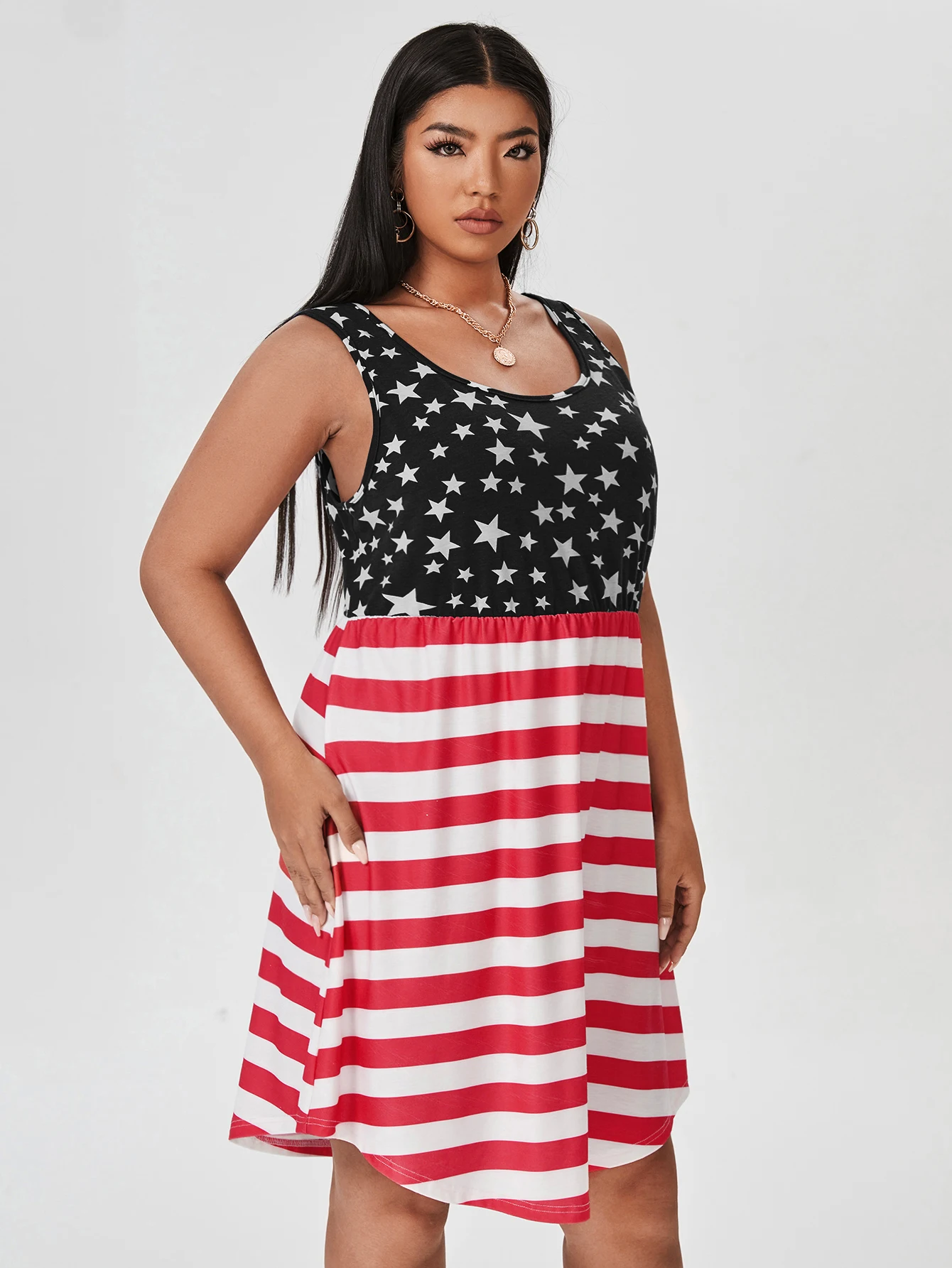 

EARO Stars Print Dress Women's 2022 Sleeveless Striped A Line Plus Size 4XL Party Dresses O Neck Tank Summer Elegant Clothing