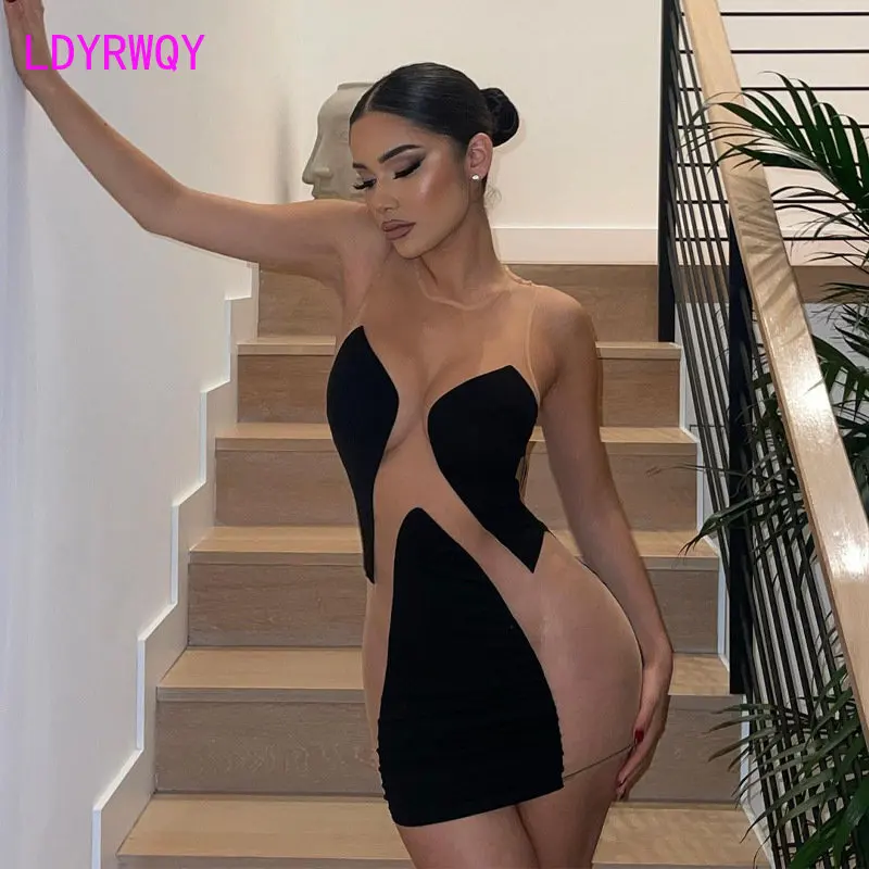 

Summer 2023 New Line Women's Sexy Mesh Perspective Splice Milk Silk Contrast Sexy Dress