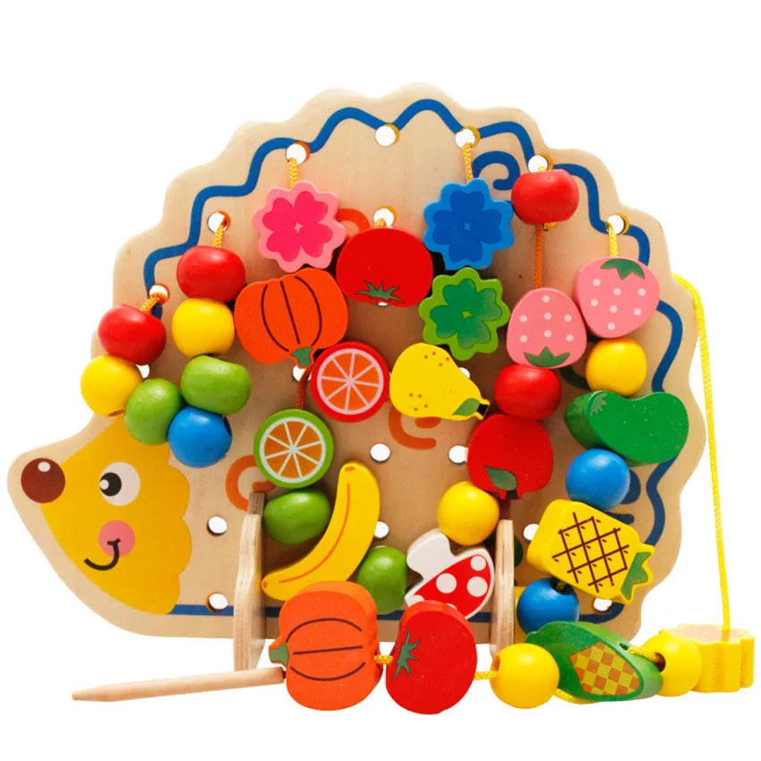 

82Pcs Wooden Fruits Vegetables Lacing Stringing Beads Toys With Hedgehog Board Montessori Educational Toy Puzzle Toys Gift Kids