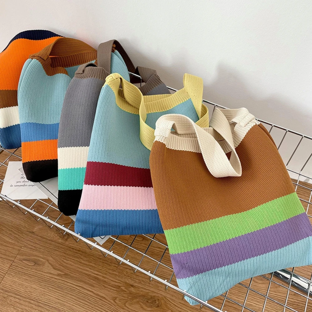 

Rainbow Patchwork Knitted Bag Cross Stripe Tote Convenient Retro Oversized Shoulder Bag Work Dating Handbag Women'S Bag New