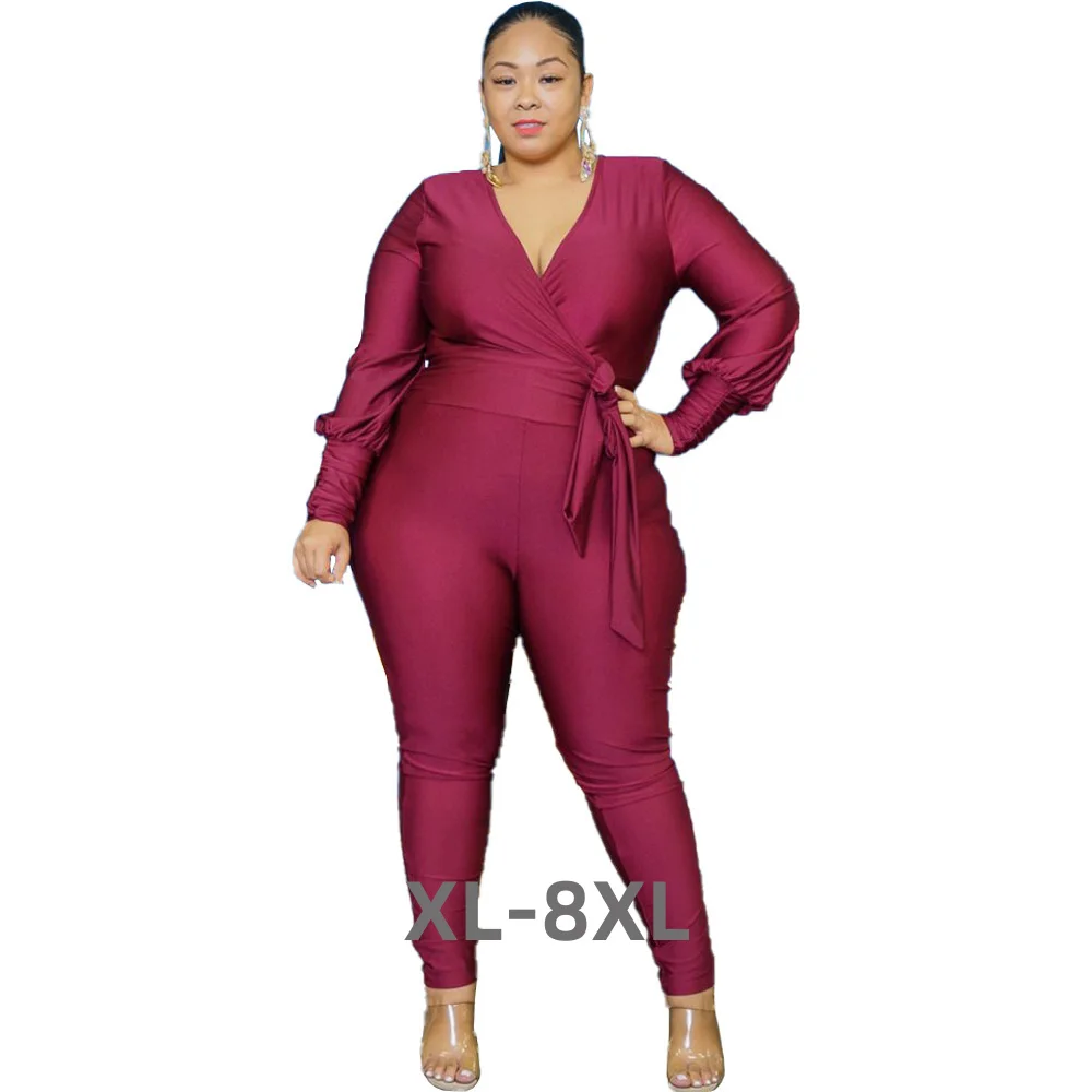 

Plus Size Women Clothing Women's Jumpsuits&rompers Fashion v Neck Long Sleeve Solid Street Wear Wholesale Dro 3xl 4xl 5xl 6xl