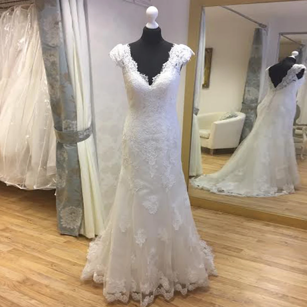 

Exquisite Wedding Dresses For Women 2023 Tulle V-Neck Cap Sleeves Bride Dress Backless Sweep Train Mermaid Robe De Mariée