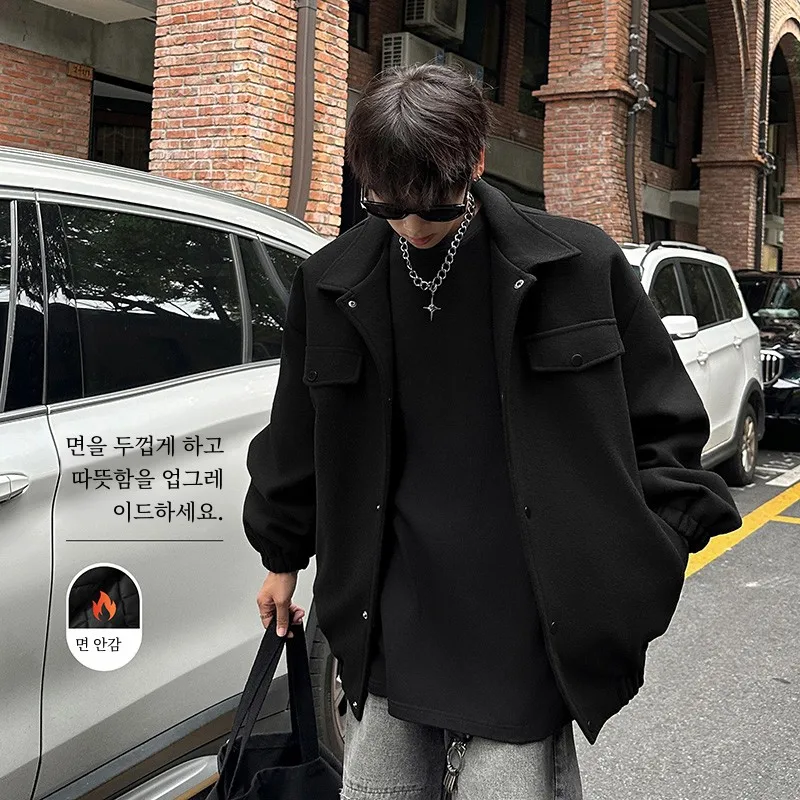 American vintage Short Wool coat Men's Winter Quilted Thickened Outerwear Cleanfit Woolen Lapel Jacket