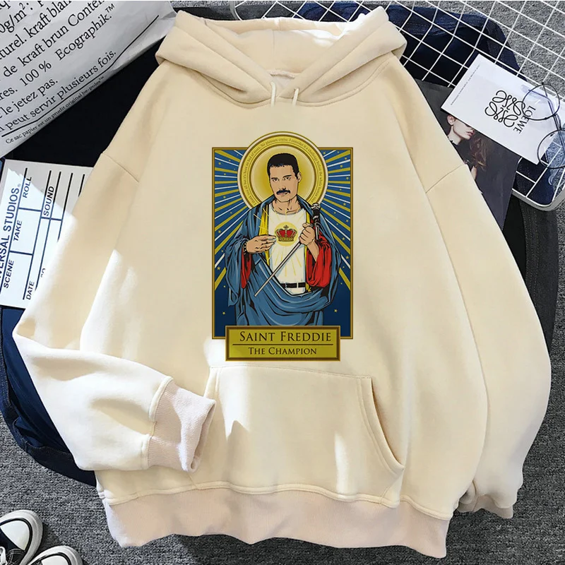 Фото Толстовка Freddie Mercury Mecury с капюшоном Queen Band для женщин с принтом Ulzzang аниме Корейская женская одежда с капюшоном с принтом №4