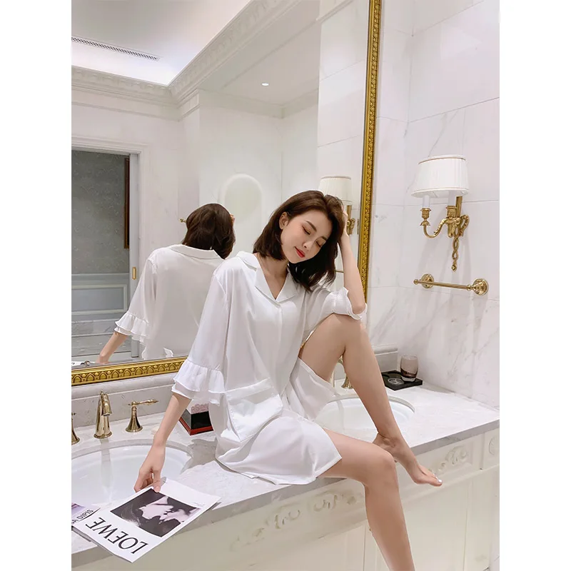 YFTNH Women Nightgown with Belt Sexy Soft Silk Half Sleeve Mini Night Dress Button Down White Long Shirts Fashion Lace Homewear