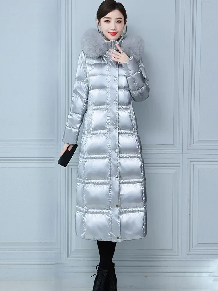 New Women Wash Free Down Coat Winter Fashion Glossy Surface Real Fox Fur Collar Drawstring Lengthened Thicken Warm Down Jacket