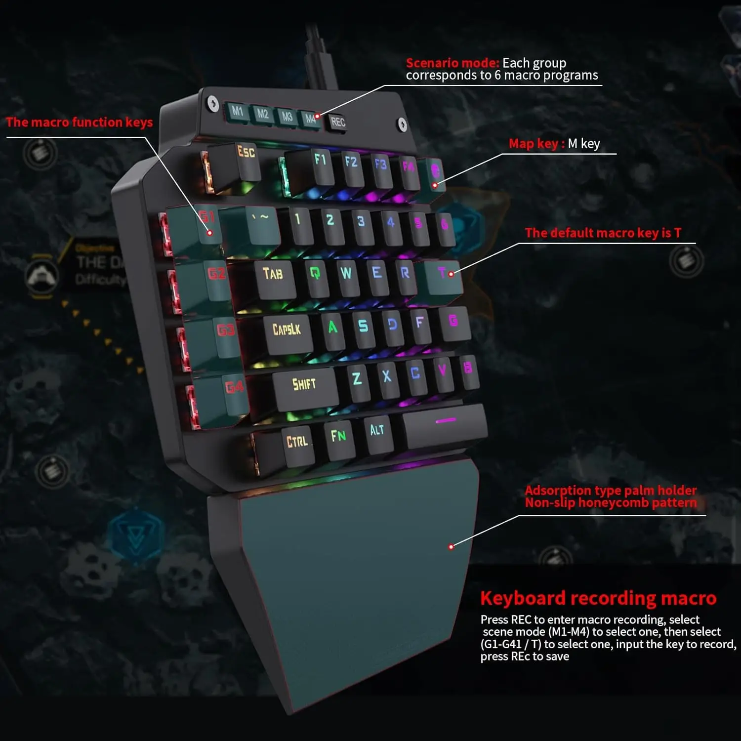 Фото HUO JI Механическая игровая клавиатура для одной руки, проводная, RGB светодиодная подсветка, съемная подставка для запястий, съемный кабель типа C, металлическая панель, №2
