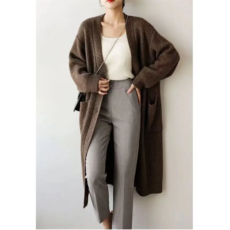 

Long Knit Cardigan Women's Fashion Elegant Overcoat Autumn Winter Oversized Coats Pocket Korean Style Long Sweater Women 2022
