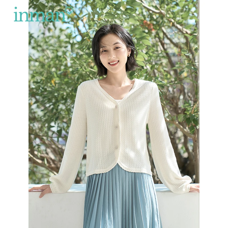 

INMAN Women Knitted Cardigan 2023 Spring Puff Sleeve V-neck Loose Knitwear French Commuting Stitching Lace Elegant Outwear