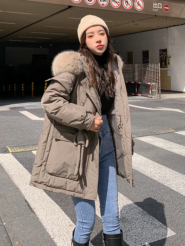 New Design Women Winter Jacket Hooded With Fur Collar Middle Long Female Warm Thicken Oversize Loose Coat Parka Fashion