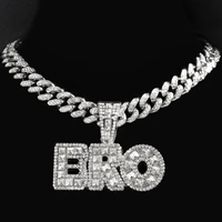 punk shiny rhinestone bro letter pendant necklace for men women hip hop iced out cuban link chain necklace rapper jewelry gift