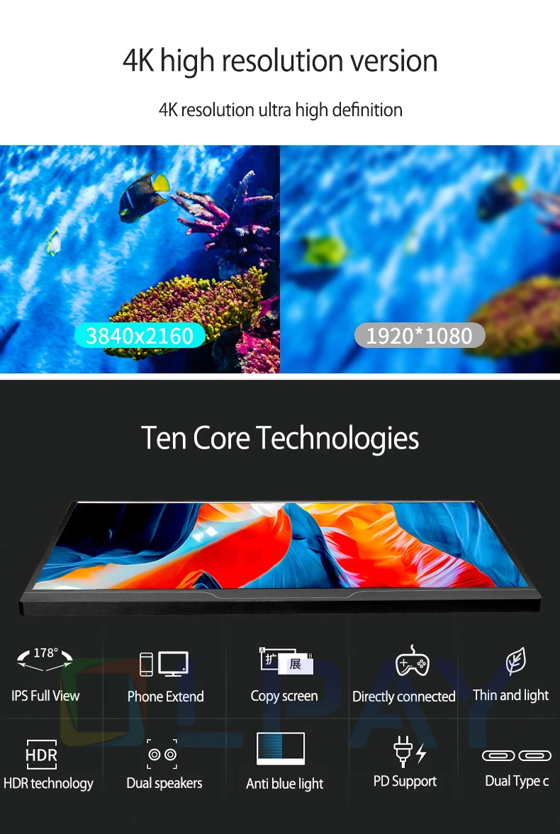 4K портативный монитор 15 6 дюймов 3840*2160 500 нит яркий экран игровой USB-Дисплей HDMI для