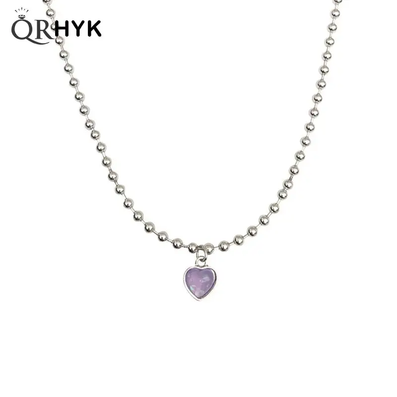 

Purple Love Heart Pendant Women's Necklace Metal Beading Vintage Female Necklaces 2022 Fashion Korean New Ladies Jewelry Gifts