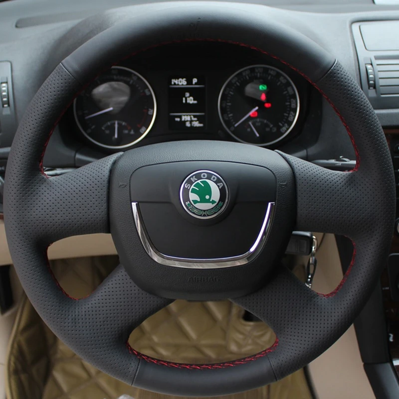 

Сшитый вручную черный чехол на руль автомобиля из искусственной кожи для Skoda Octavia 2009-2013 Citigo 2011-2012 Roomster Fabia