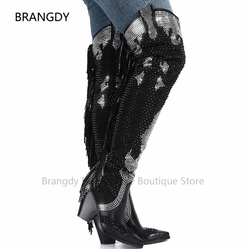 

2022 Fringed Beaded Embellished Western Cowboy Boots Pointed Toe Crystal Over The Knee Boots Nightclub Runway Shoes Botas Mujer