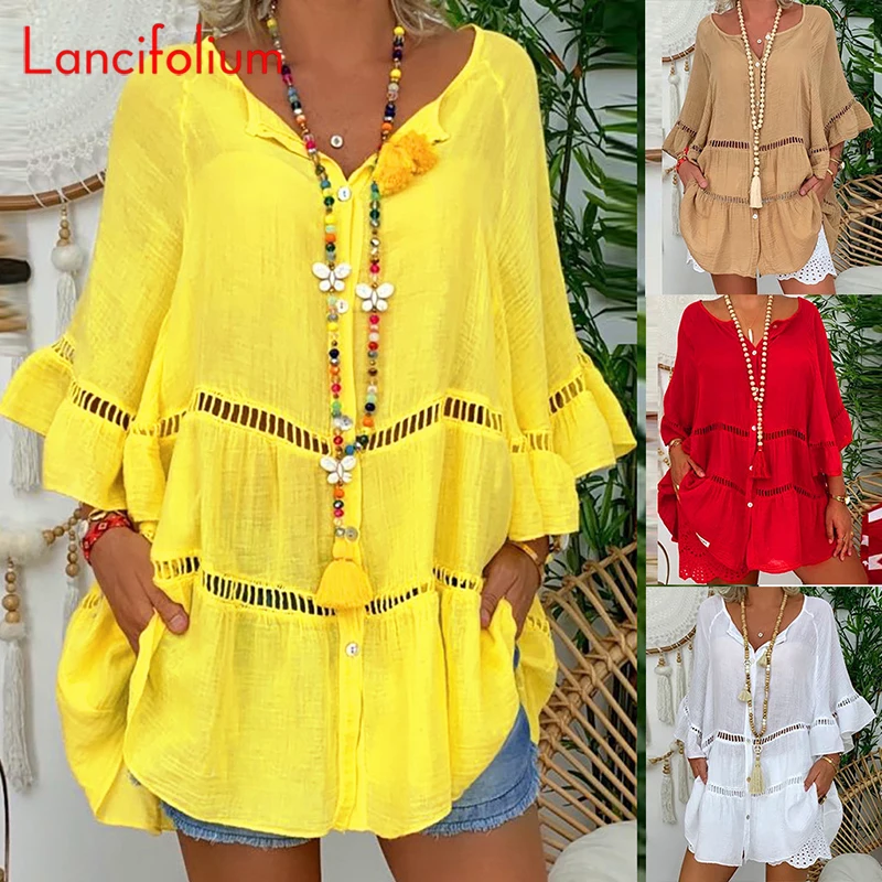 

Ethnic 3/4 Flare Sleeve Cotton Linen Vneck LOOSE FOLK Oversized Tees Button Up Hollow Out Sheer T Shirt Tops Summer Women 2022