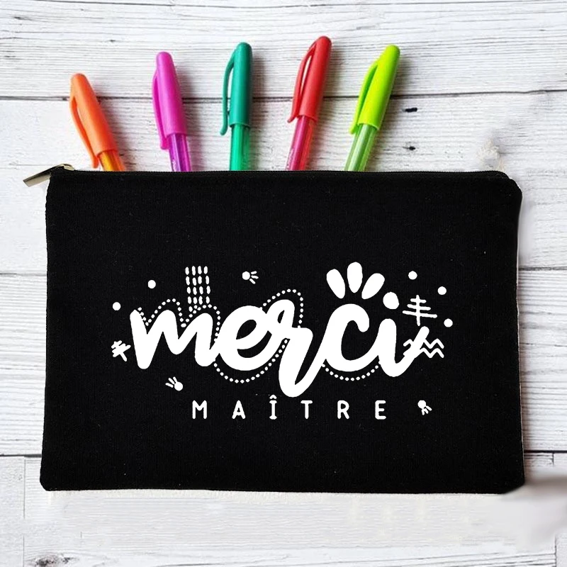 Merci Maître Print Wash Storage Pouch Make Up Bags Teacher Gift Large Capacity Pencil Case School Stationery Supplies Bag Travel