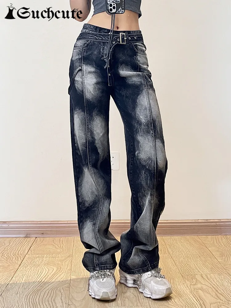 

SUCHCUTE Harajuku Tie Dye Cargo Pants Women Korean Fashion Pocket Jeans Streetwear Denim Trousers Y2K Vintage Dark Baggy Pants