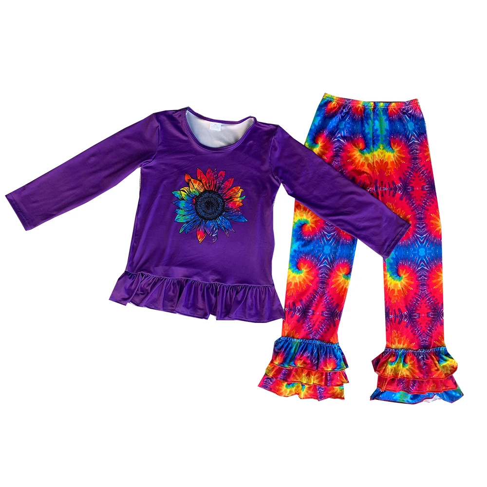 

Boutique fall kids clothing leopard bell pants outfits tie dye sunflower girl clothes sets wholesale