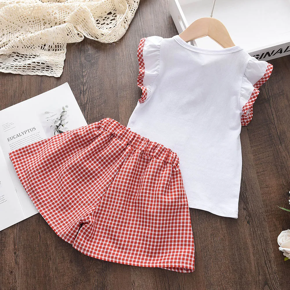 Menoea Toddler Girls Outifts Kids Clothes Sets 2022 New Letters Print T-shirts + Plaid Bow Shorts Pants Suits Children Clothing |
