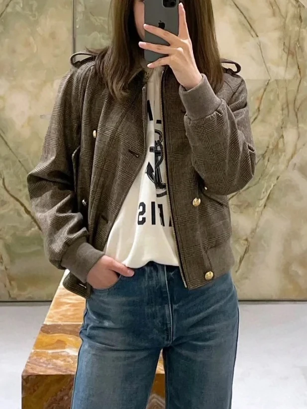 

Двубортное клетчатое пальто для женщин, модная однобортная свободная винтажная осенняя куртка в полоску, верхняя одежда, женские топы, Casaco Feminino