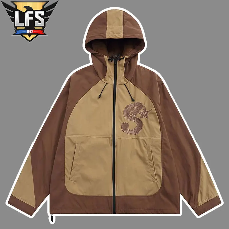 

Hooded Bomber Jacket Male Hip Hop High Street Casual Loose Color Block Outwear Coats Patchwork College Jackets Men Spring Autumn