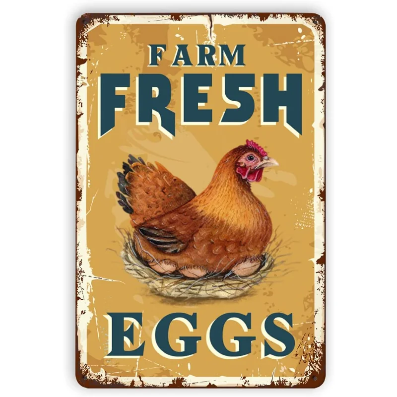 

Farm Fresh Eggs Tin Signs - Vintage Country Chicken Hen Rooster Tin Signs Home Kitchen Wall Decor 8x12Inch