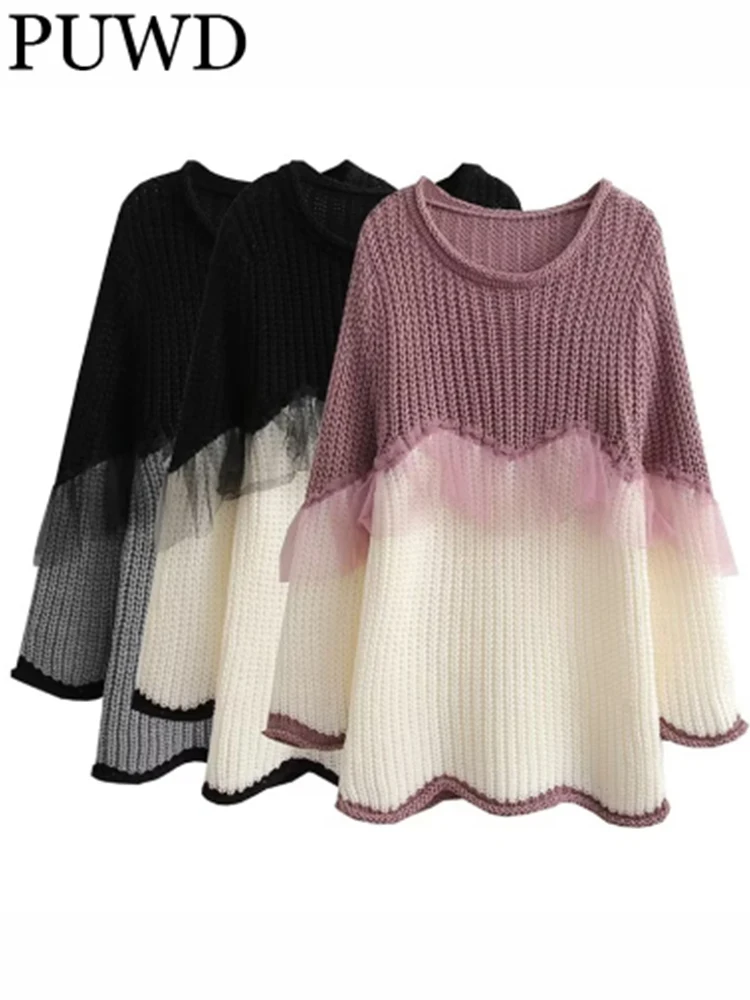 

PUWD Women Woolen Yarn Decoration Patchwork Knitted Long Sweater 2022 Autumn Ladies O Neck Knit Jumper Loose Female Pullovers