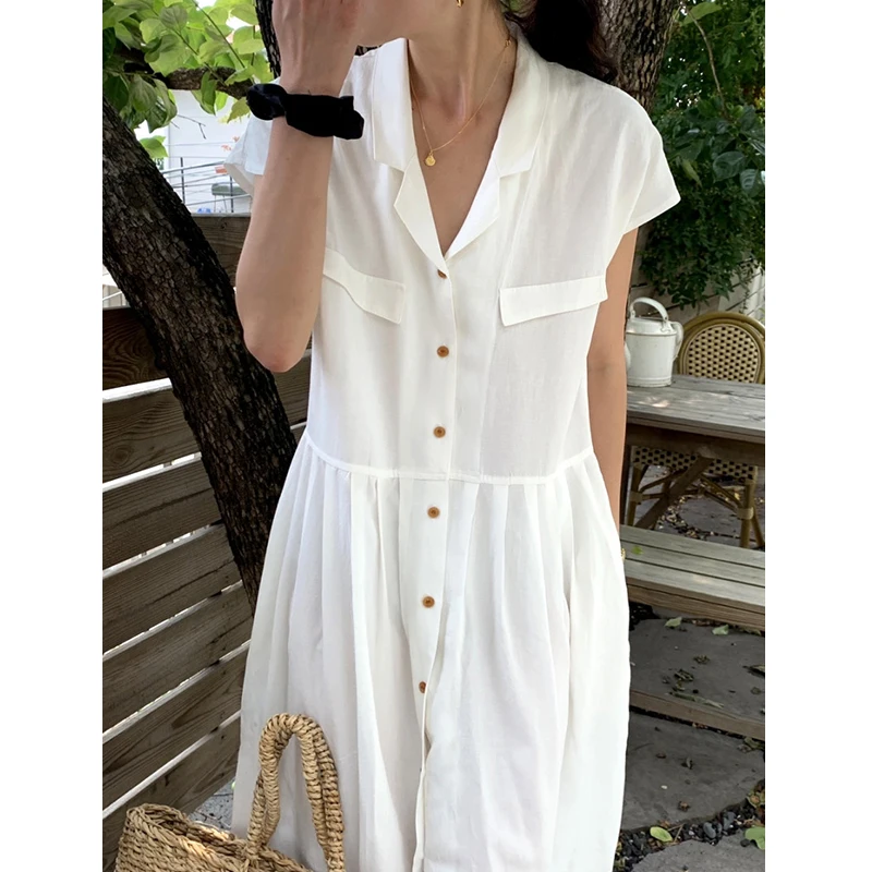 

Japanese Solid Pleates Shirt Dress Notched Collar Short Sleeve Long Skirt Summer Autumn Women Streetwear Pocket Design Dresses