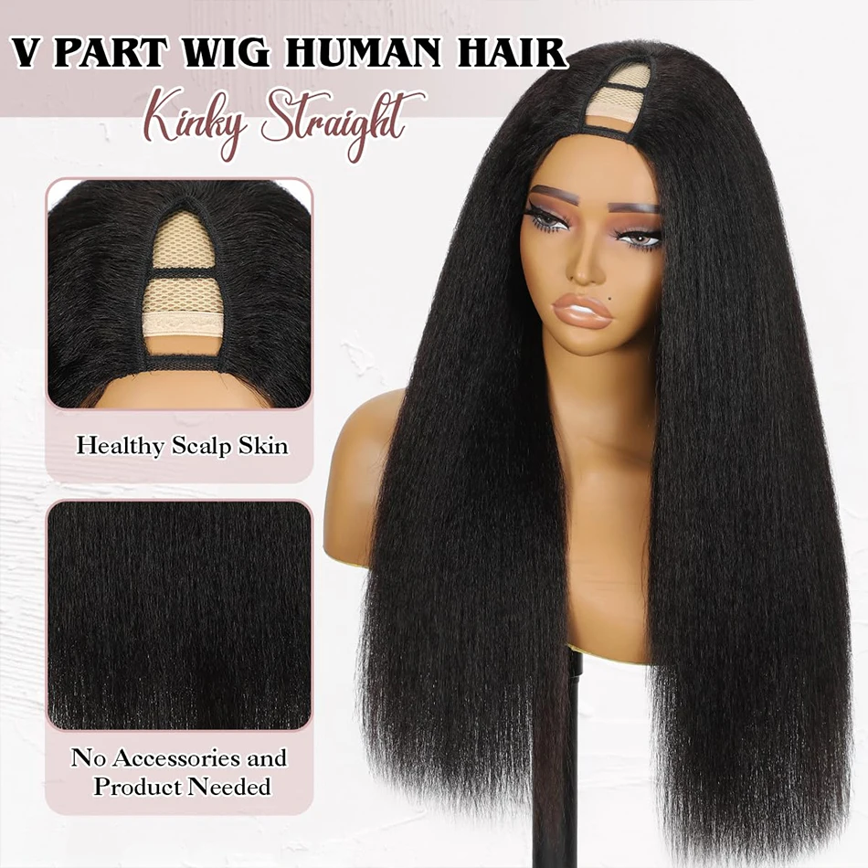 Фото Накладной парик из натуральных волос Kinky Straight с завязками, 250% плотность, без клея, V-образная часть, 100% натуральные волосы Yaki Straight, U-образные клипсы, полупарик №4