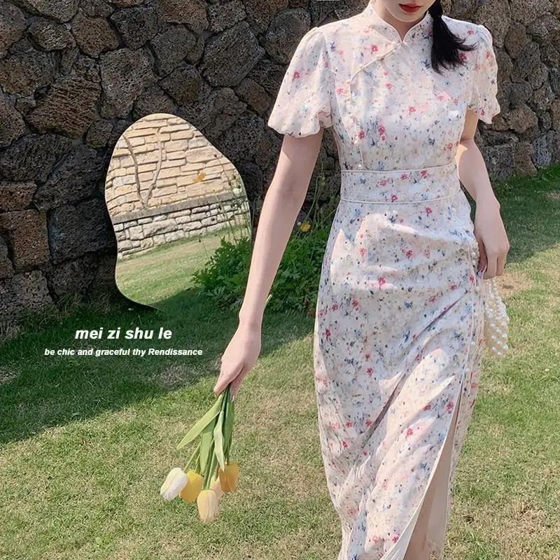 

Female Qipao Floral Mandarin Collar Cheongsam Vestidso Elegant Chinese Dress Puff Sleeve Novelty Daily Evening Party Gown