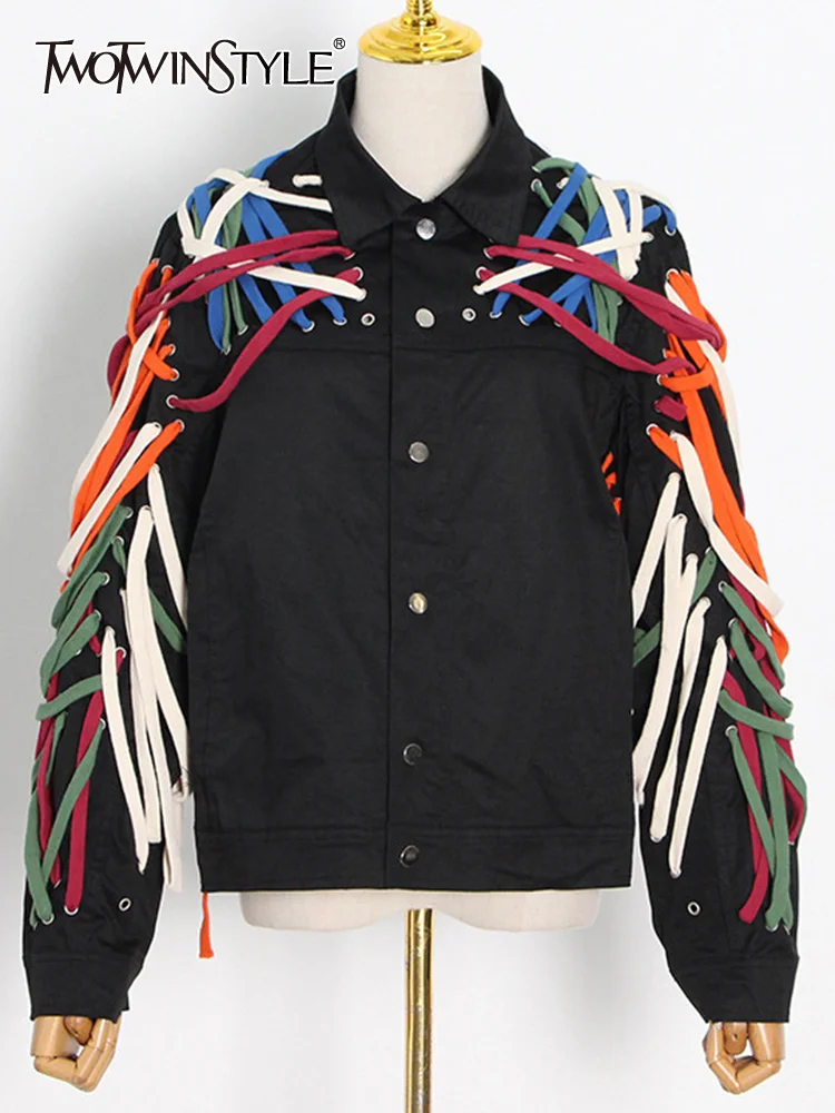 

TWOTWINSTYLE Individuality Bandage Jacket For Women Lapel Long Sleeve Color Block Casual Streetwear Jackets Female Fashion 2022