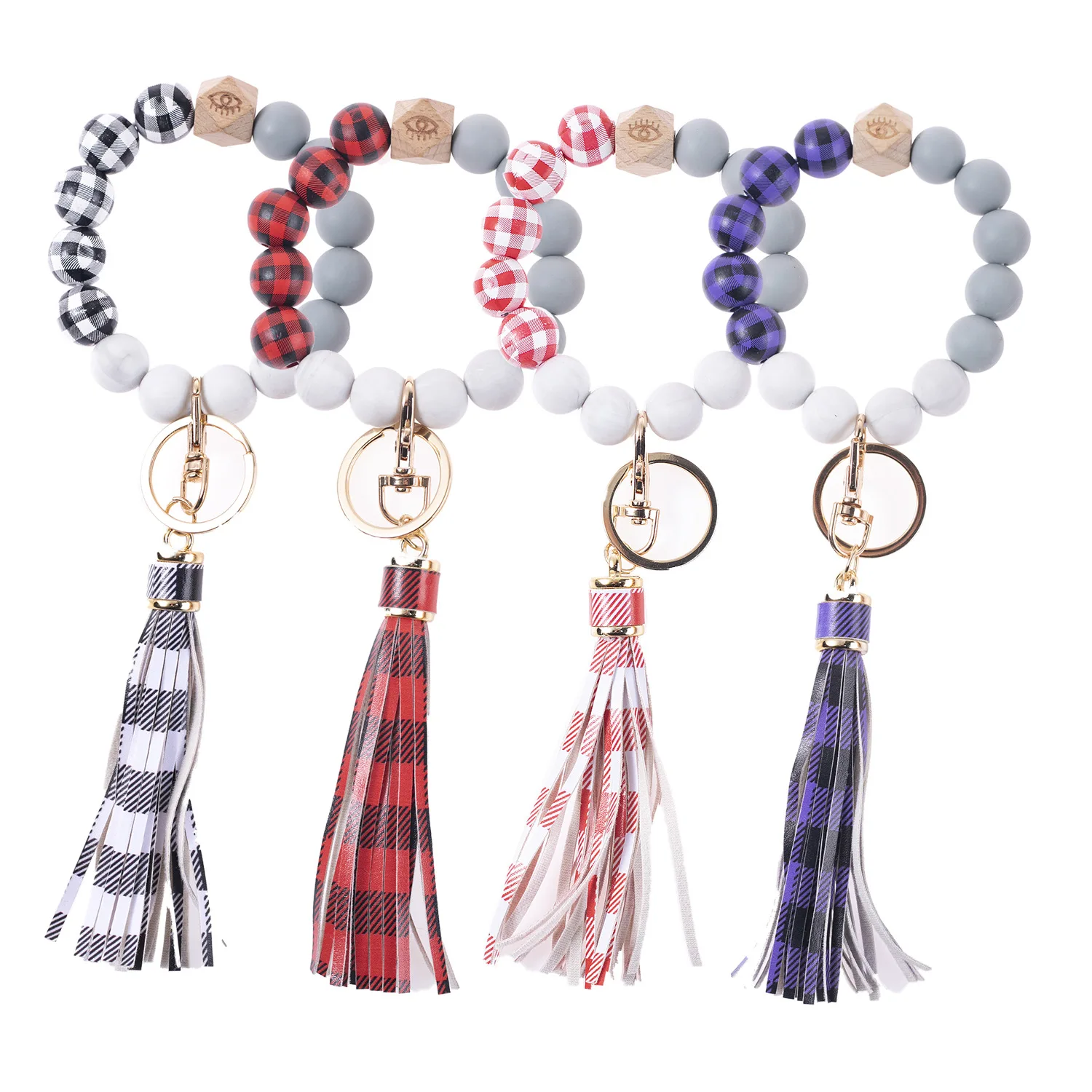 

12pcs Checkered Pattern Beads Keychain for Car Keys Tassel Wrist Keyrings Bracelet Fashion Anti-lost Useful Women Key Chains
