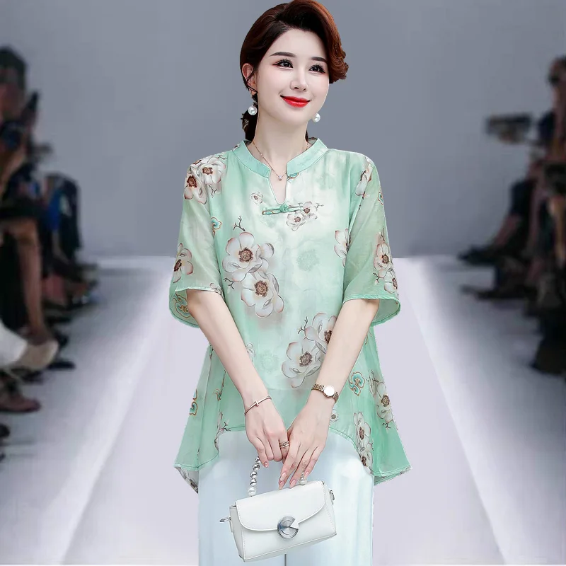 

Vintage Printed Casual V-Neck Blouse 2023 Summer Thin Short sleeve Women's Clothing Asymmetrical Loose Chiffon Shirt