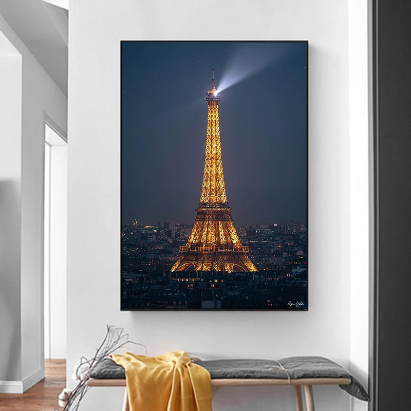 Постер на холсте Эйфелева башня ночью Нью-Йорк Луна настенное искусство здание