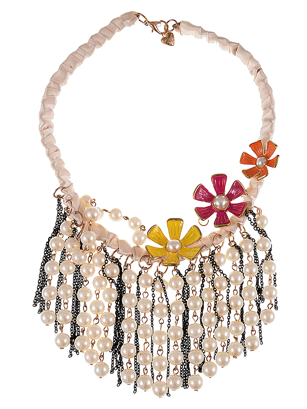 

Faux Pearl Bead Dangling Chain Link Color Painted Flower Ribbon Twist Necklace