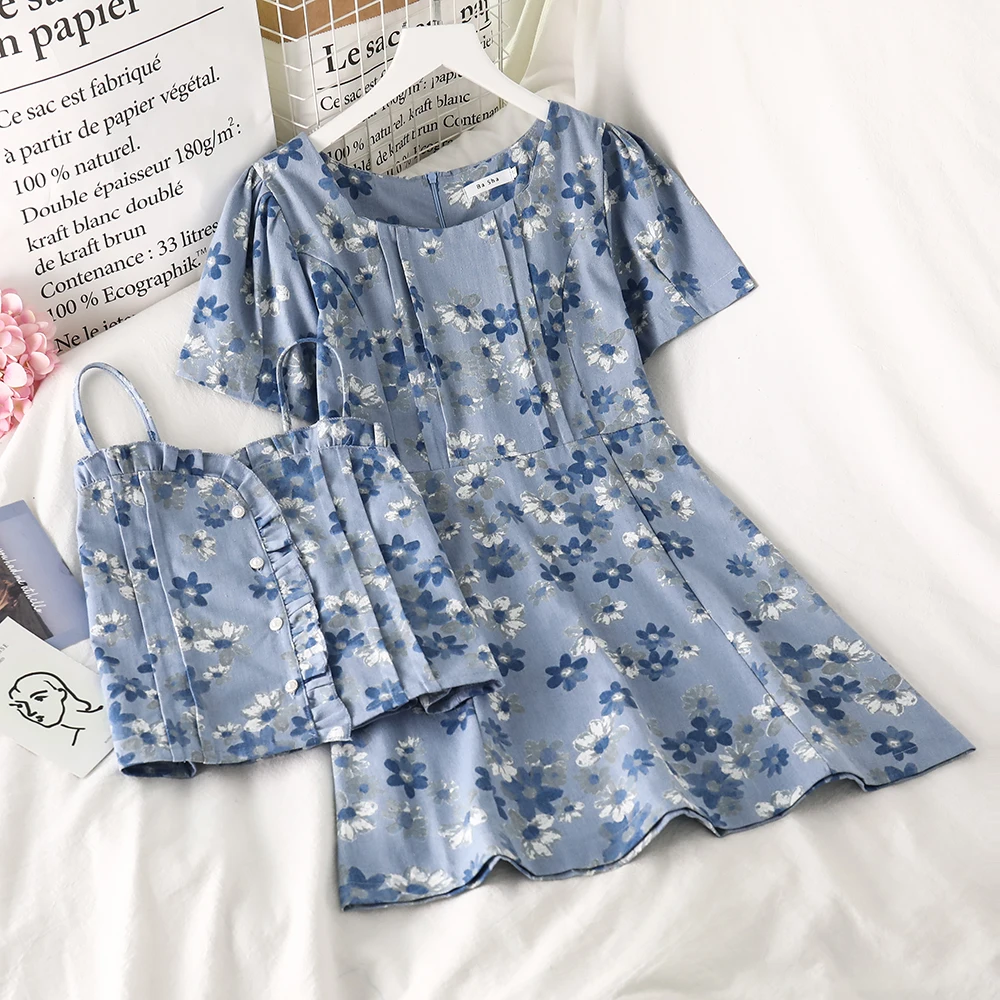 

Square Collar Floral Blue Dress Women 2021 Summer Boho Beach Short Sleeve Zipper Females Vintage Sexy Slim Mini Dresses Vestidos