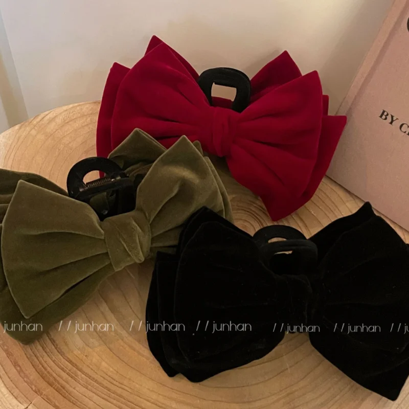 

Advanced Texture Velvet Black Double-Sided Bow Claw Clip Shark Clip Large High-Grade Updo Hairpin Headdress Hairaccessories