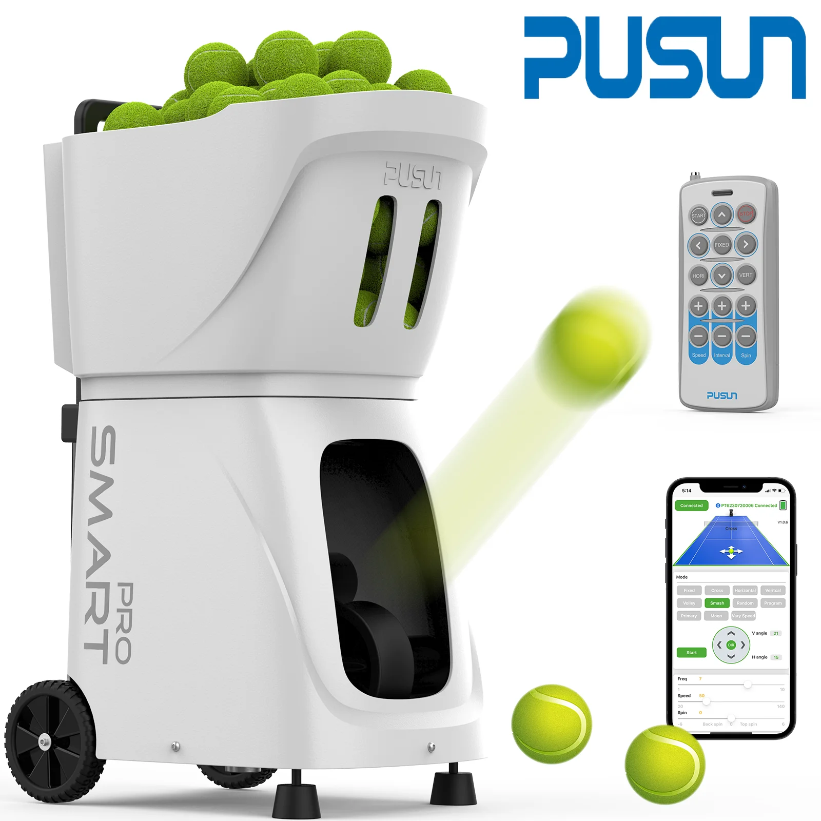 Фото Машина для теннисных мячей PT-Smart Pro, 100 емкостей мяча, поддерживающее приложение и дистанционное управление, 20 точек посадки, самопрограммирование №1