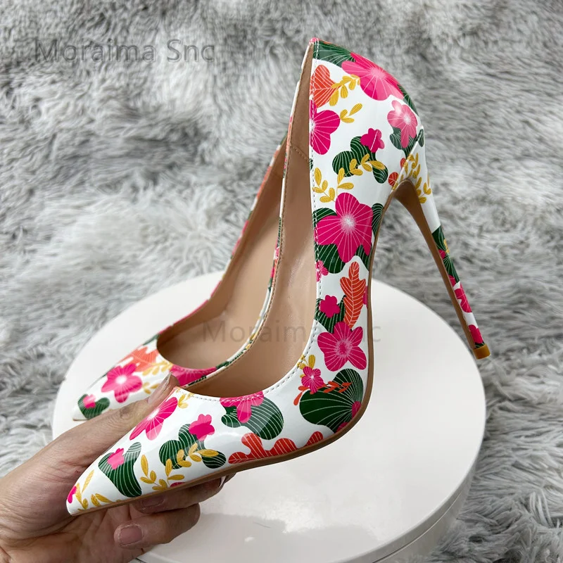 Print Super High Heels Shoes for Women Pumps Flowers Pointed Toe Shallow Stiletto Wedding Party Shoes Bride Female Spring