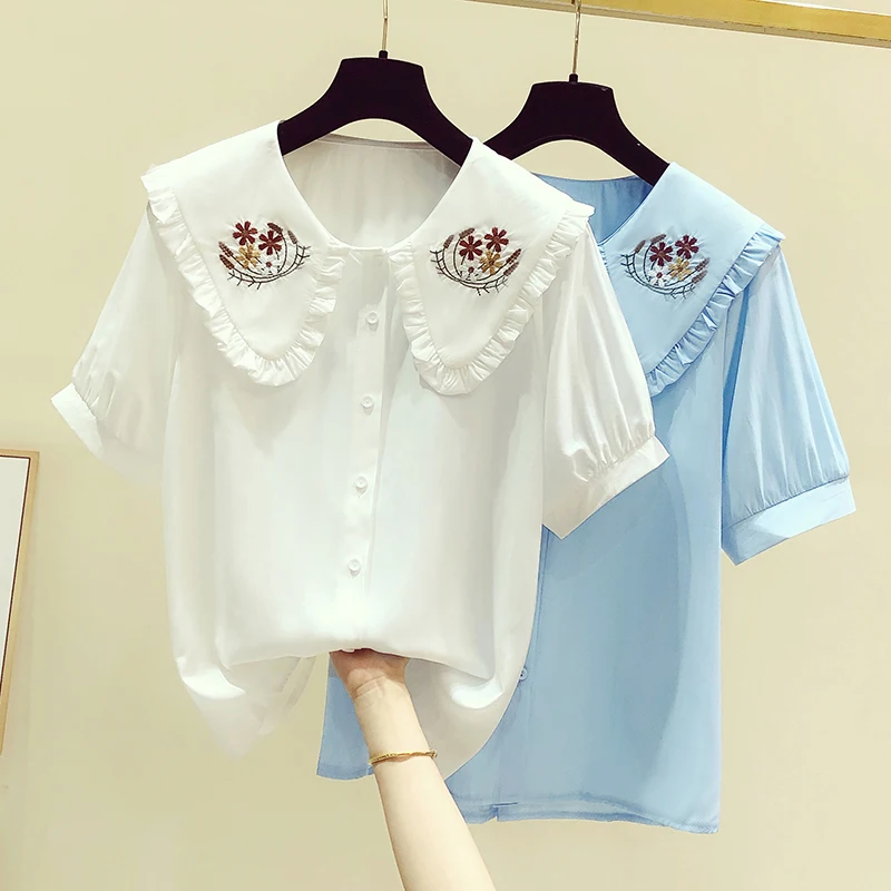 

Vintage Embroidered Doll Collar Short Sleeve Shirts Blouse Women 2022 Summer Fashion Loose Button White Shirt Preppy Style Tops