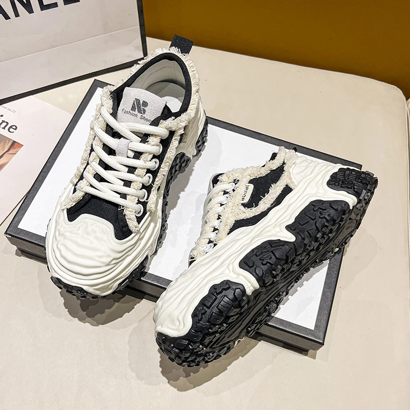 

Spring Women Casual Canvas Platform Shoes 5CM Chunky Heels Sneakers New 2023 Luxury Sports Dad Vulcanize Shoes