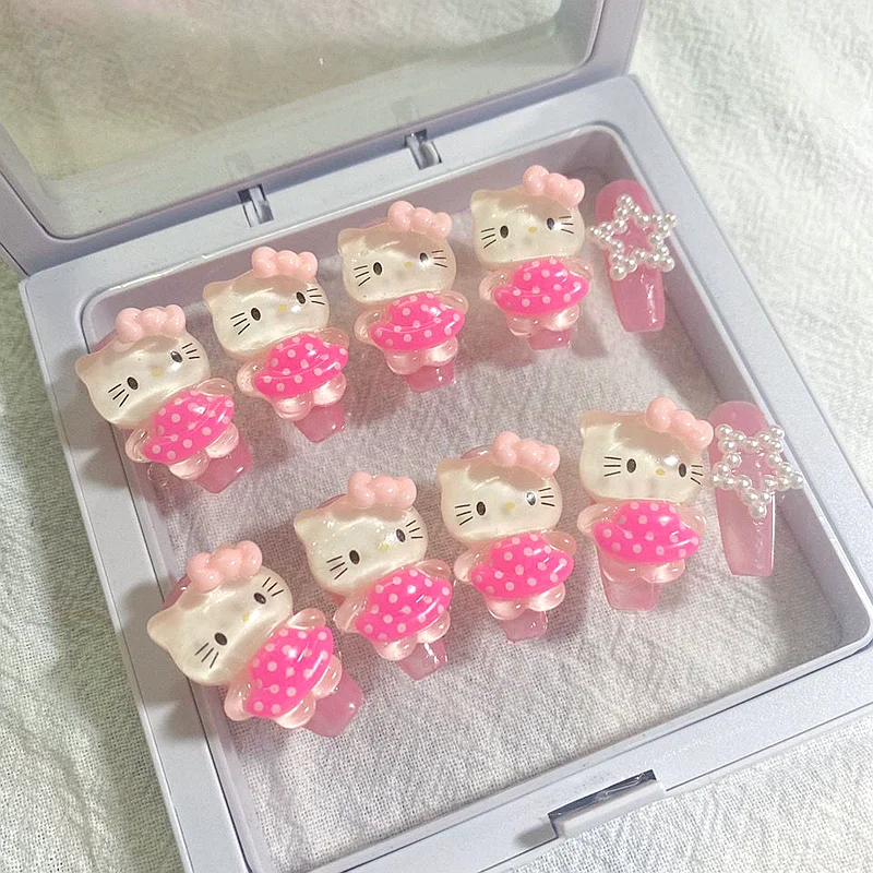 

Handmade Hello Kitty My Melody Kuromi Press On Nails Y2K False Nail Tips 3D Cartoon Fake Nails With Glue Anime Toy Gift For Girl