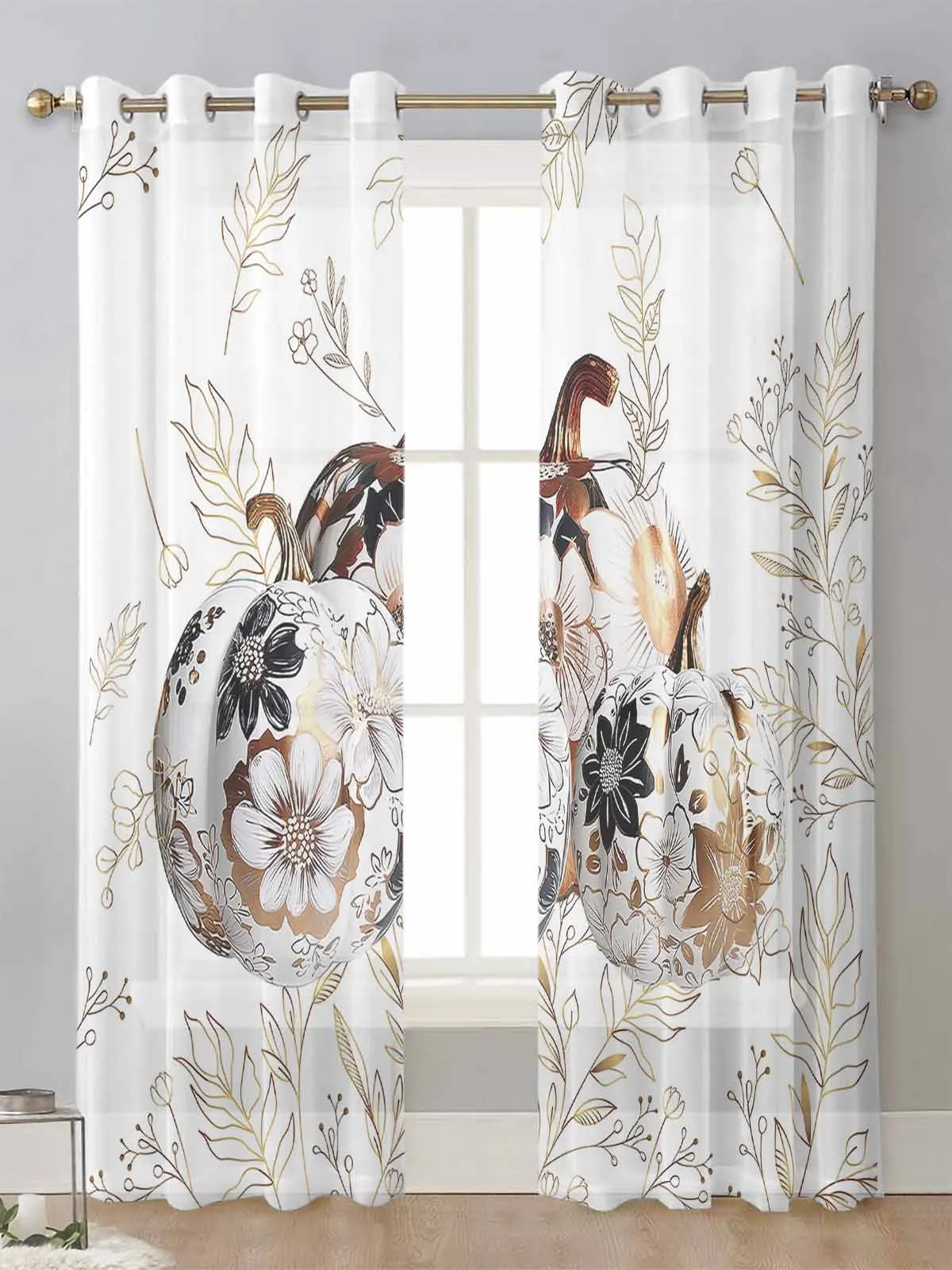 

Thanksgiving Pumpkin Flowers Simple Sheer Curtains For Living Room Window Voile Tulle Curtain Cortinas Drapes Home Decor